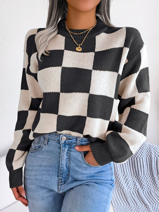 Elsa | Checked long-sleeved sweater with stand-up collar