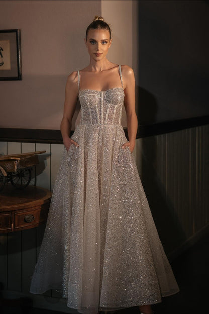 Cami Glitter Silver Boned Tulle Midi Reception Dress