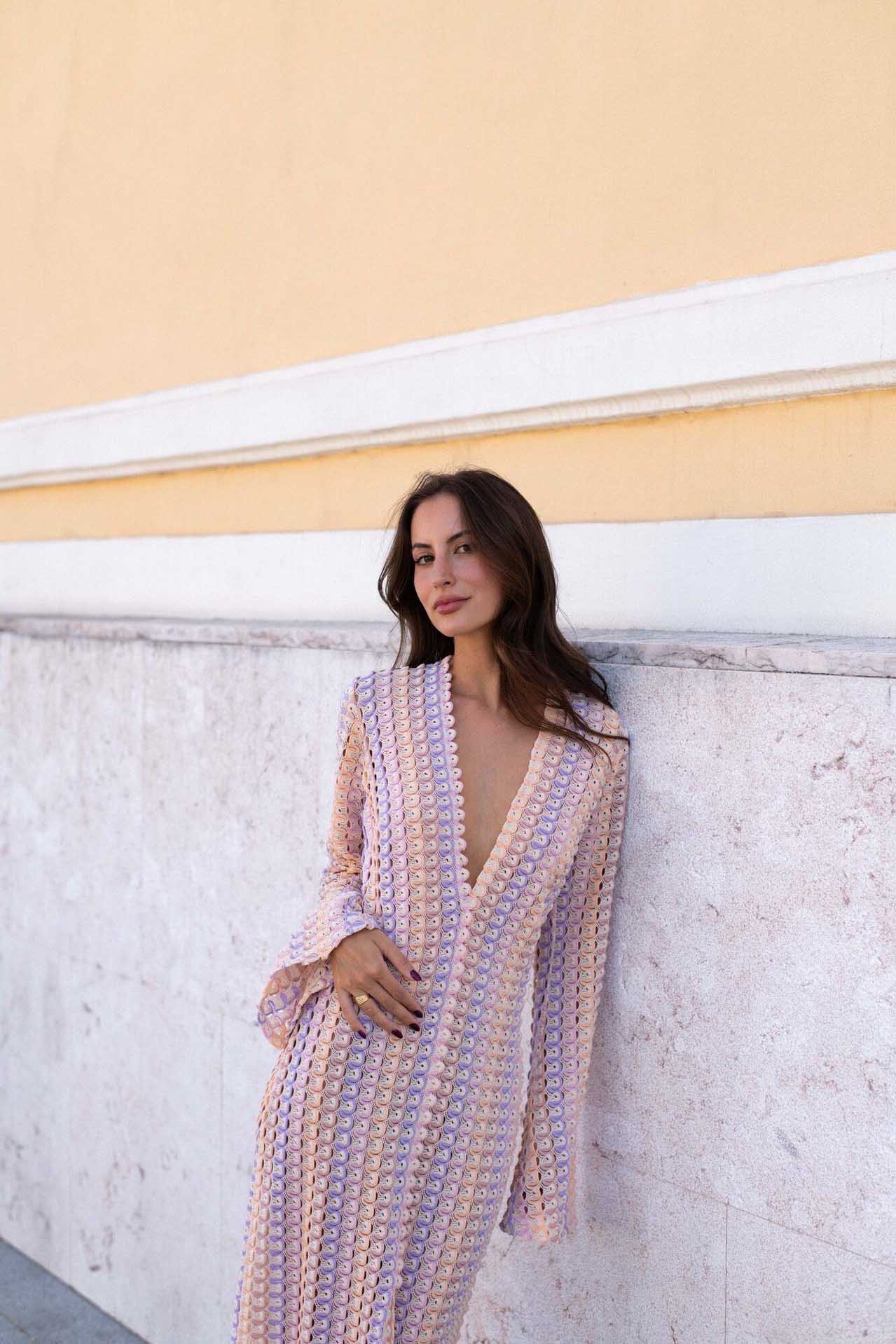Pilar® | Boho V-Neck Bell Sleeve Maxi Dress, Wavy Striped Crochet Beach Holiday Maxi Dress
