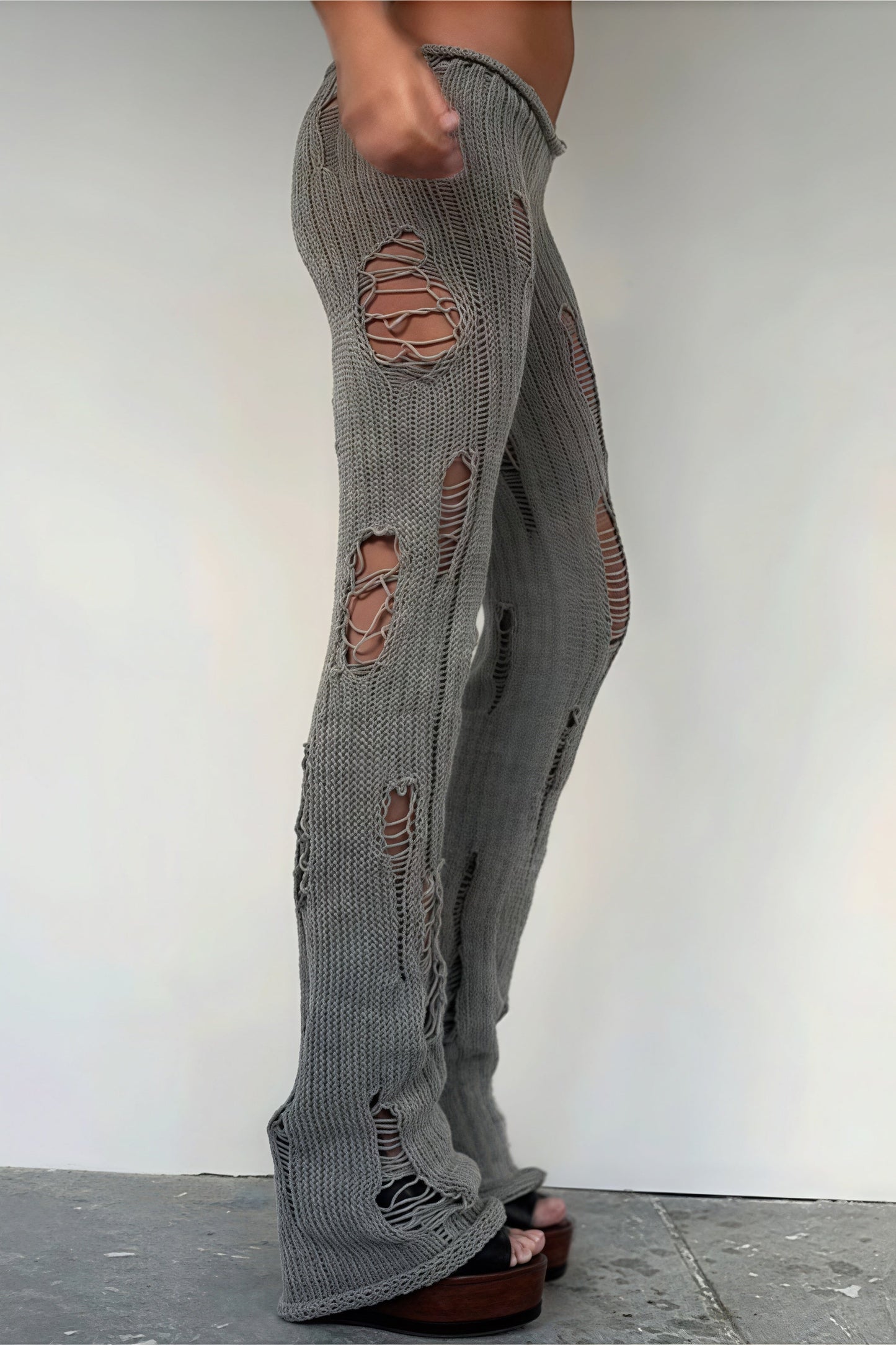 Solid Cutout Distressed Slim Edgy Pants