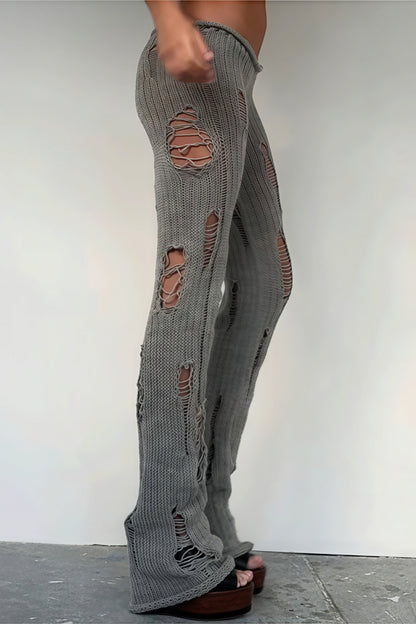 Solid Cutout Distressed Slim Edgy Pants