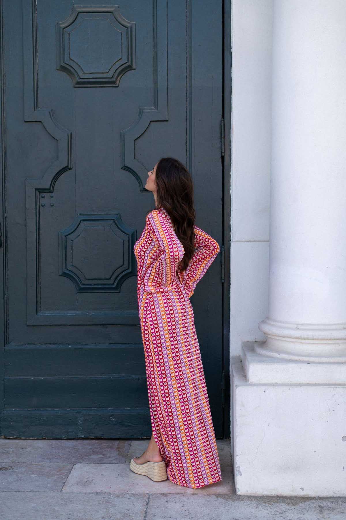 Pilar® | Boho V-Neck Bell Sleeve Maxi Dress, Wavy Striped Crochet Beach Holiday Maxi Dress