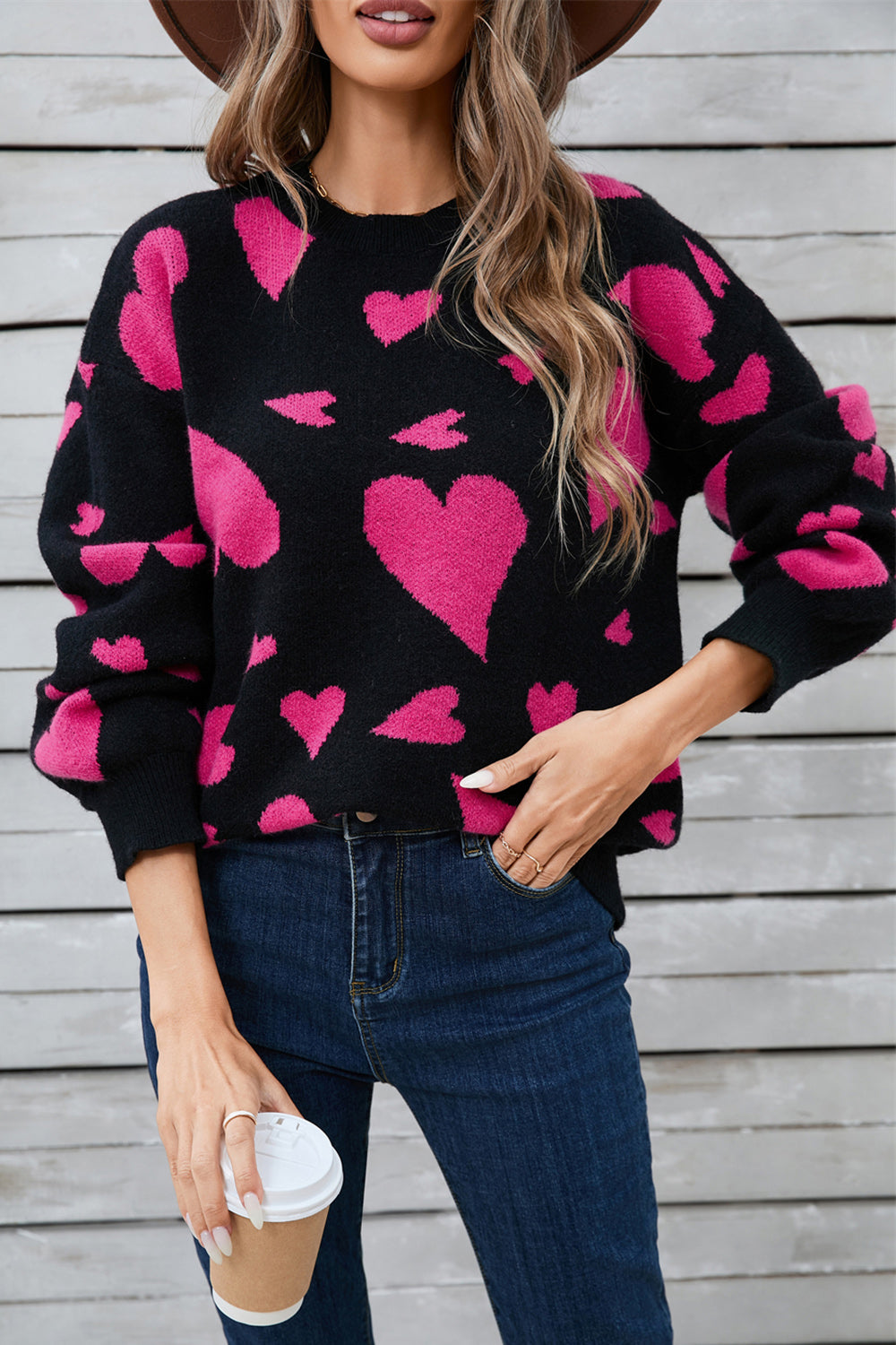 Alida | Heart contrast crew neck long sleeve sweater