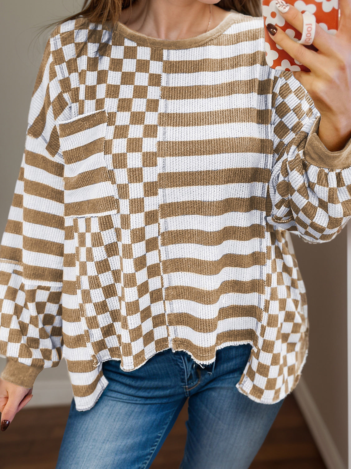 Hannah | Checked and striped long-sleeved blouse with a round neckline