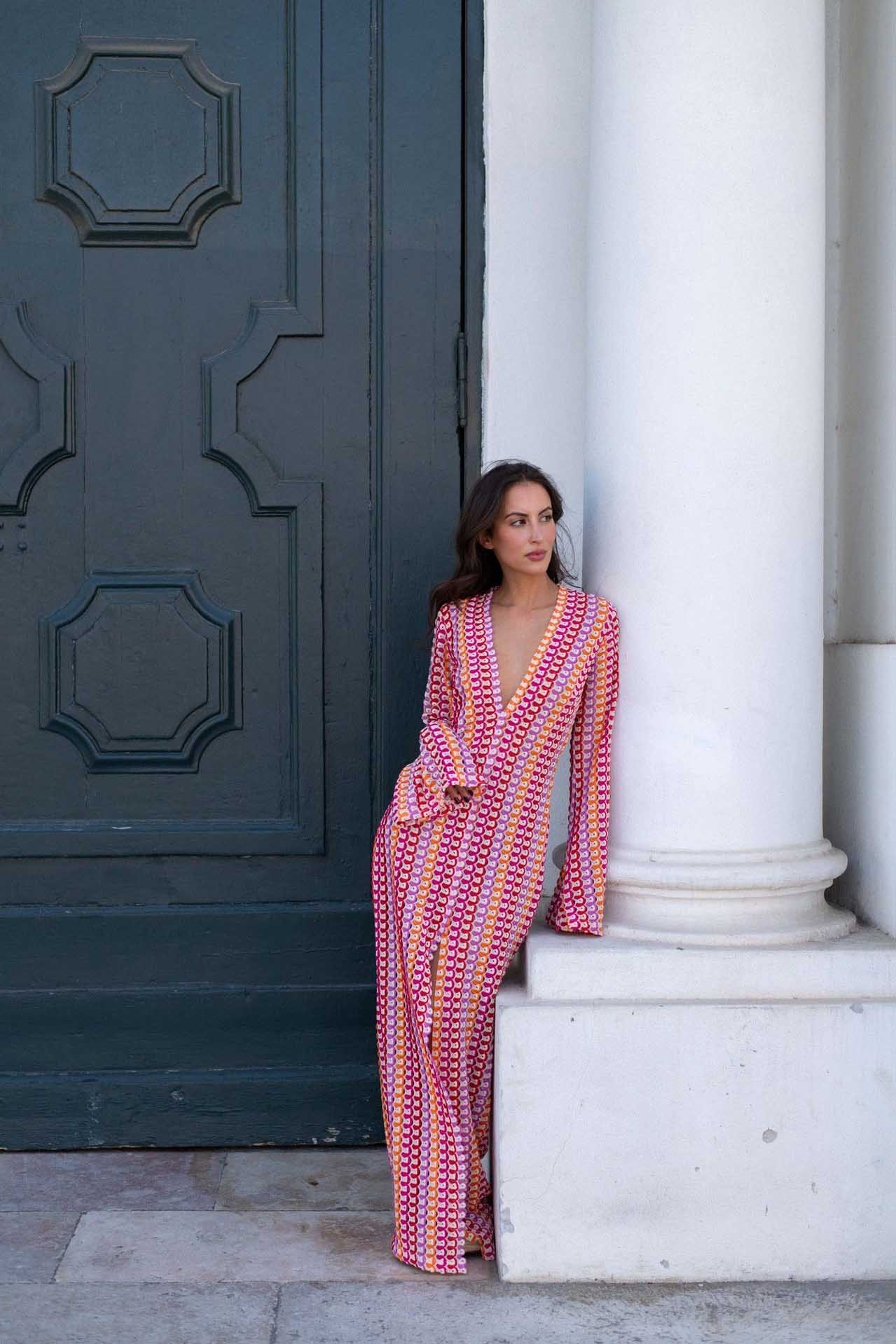 Pilar® | Boho V-Neck Bell Sleeve Maxi Dress, Wavy Striped Crochet Beach Holiday Maxi Dress