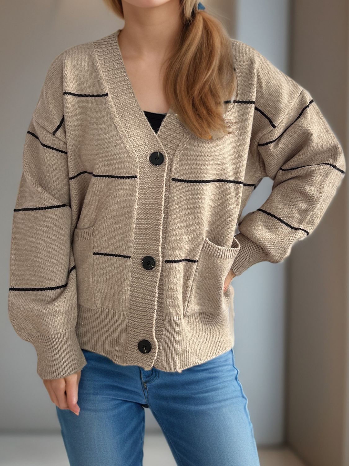 Flavia | Striped, long-sleeved cardigan with button placket and V-neck