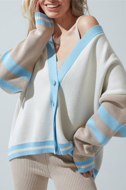Simple Color Block Striped Relaxed Knit Cardigan