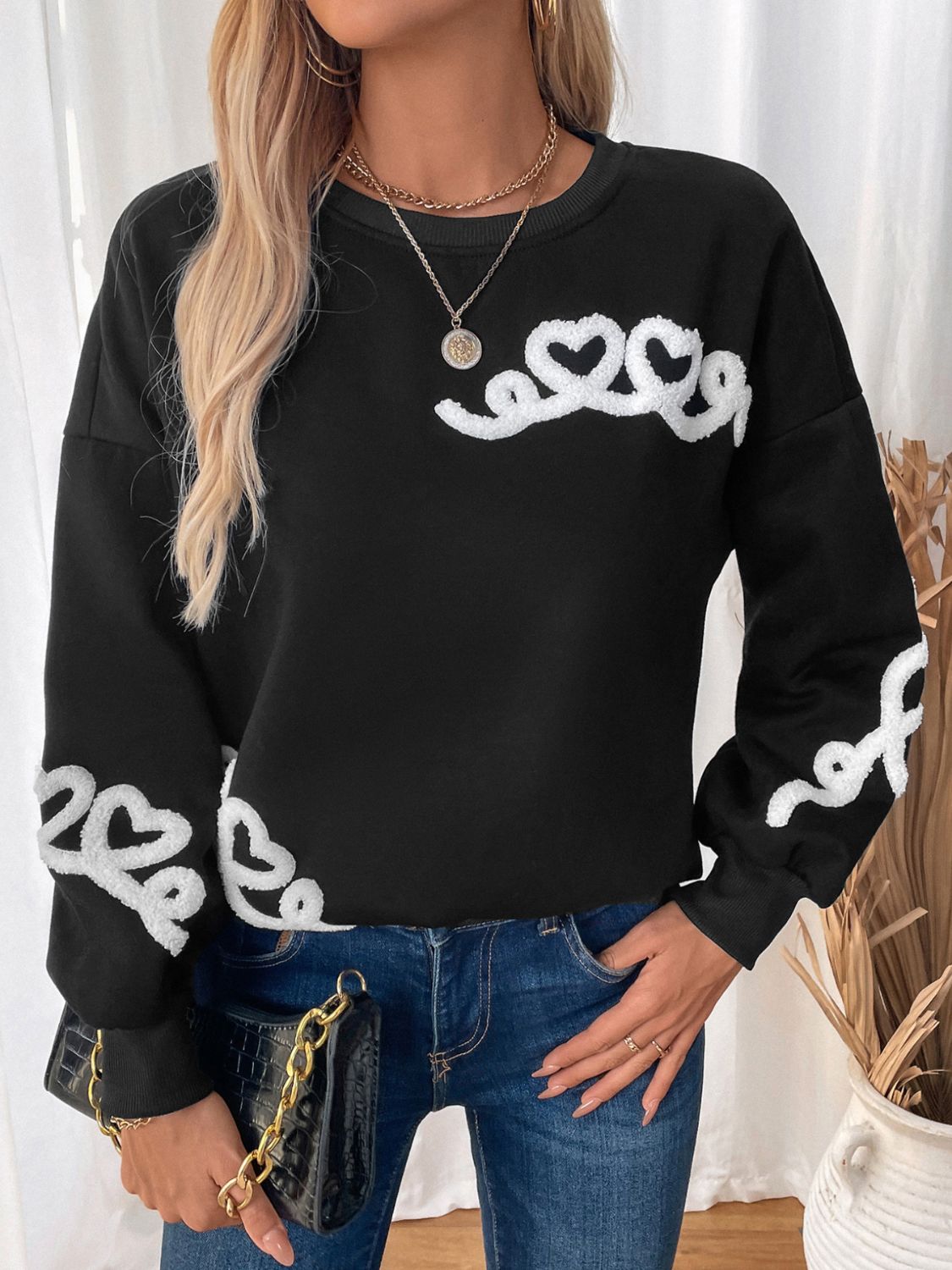 Carla | Perfee Heart crew neck long sleeve sweater