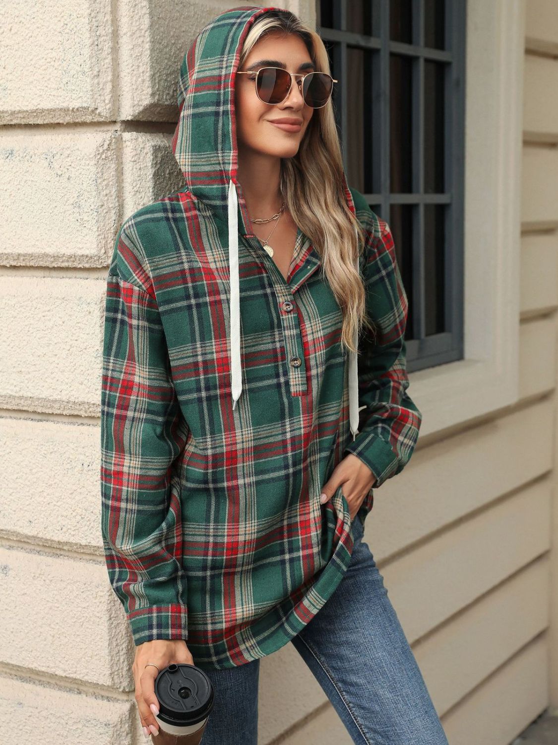 Nathalie | Long sleeve top with drawstring and checked hood