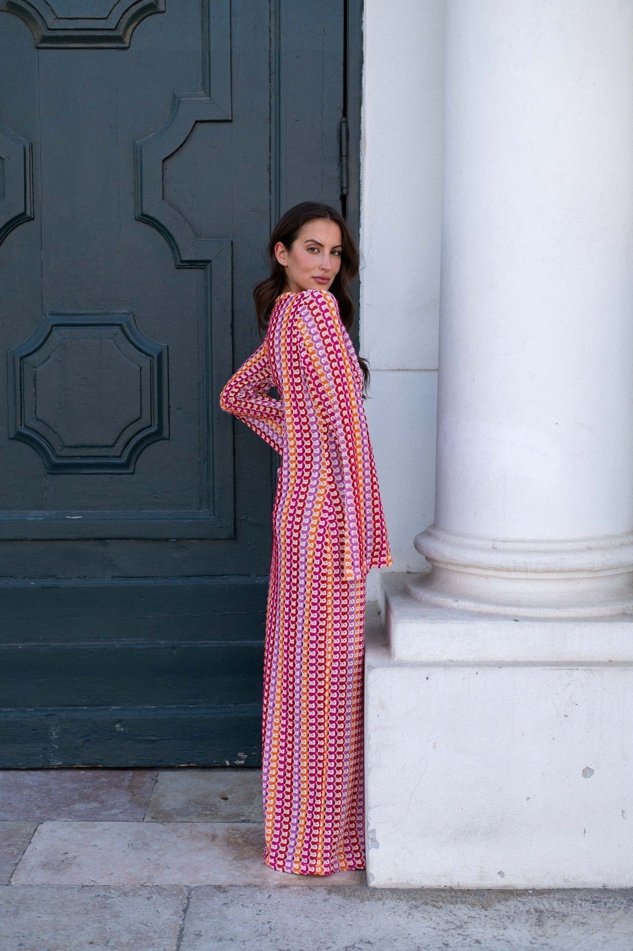Pilar® | Boho V-Neck Bell Sleeve Maxi Dress, Wavy Striped Crochet Beach Holiday Maxi Dress