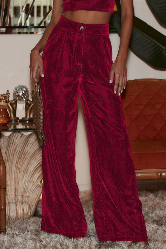 Suede Relaxed Button Straight Wide Leg Pants