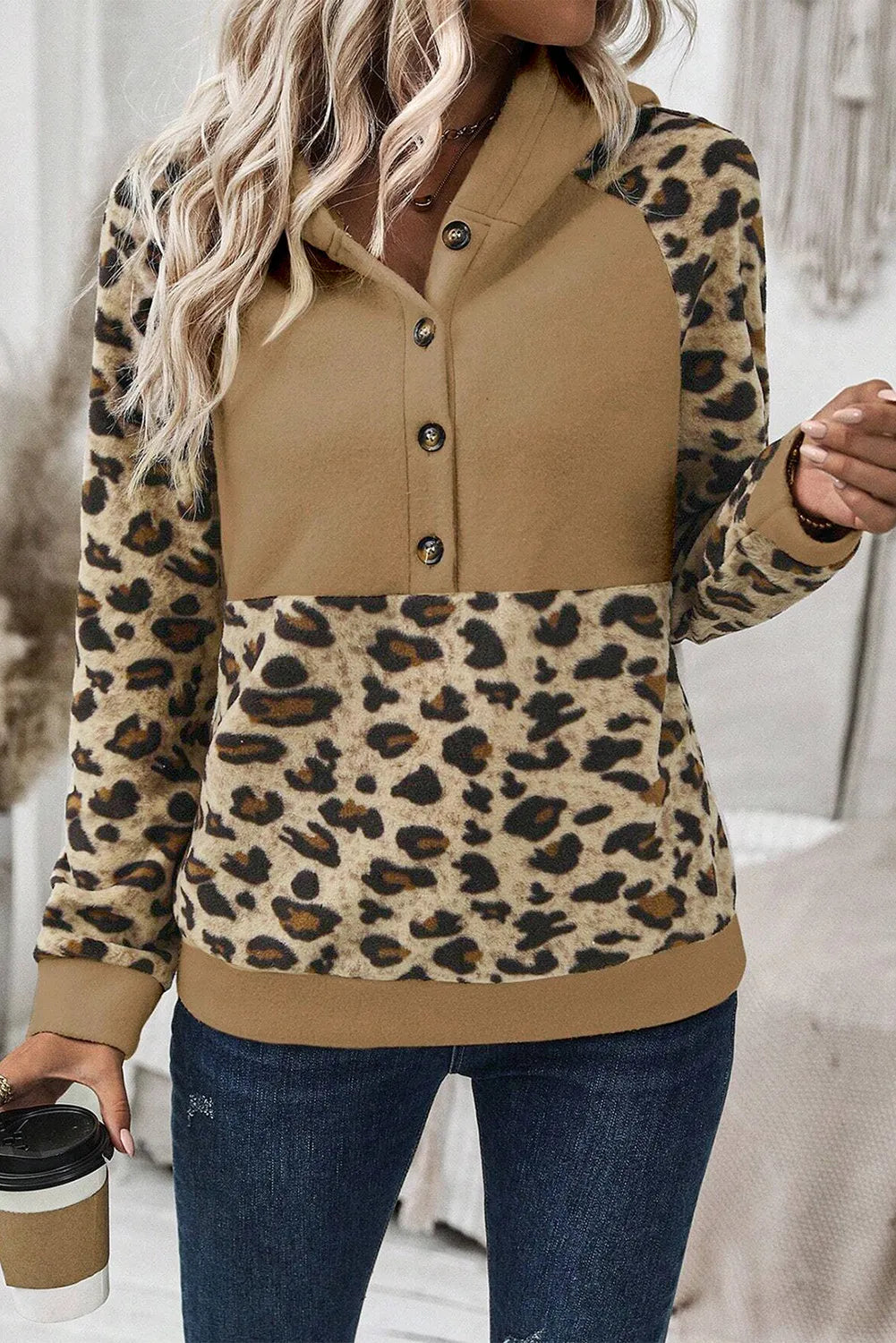 Silvia | Long sleeve leopard print half button hoodie