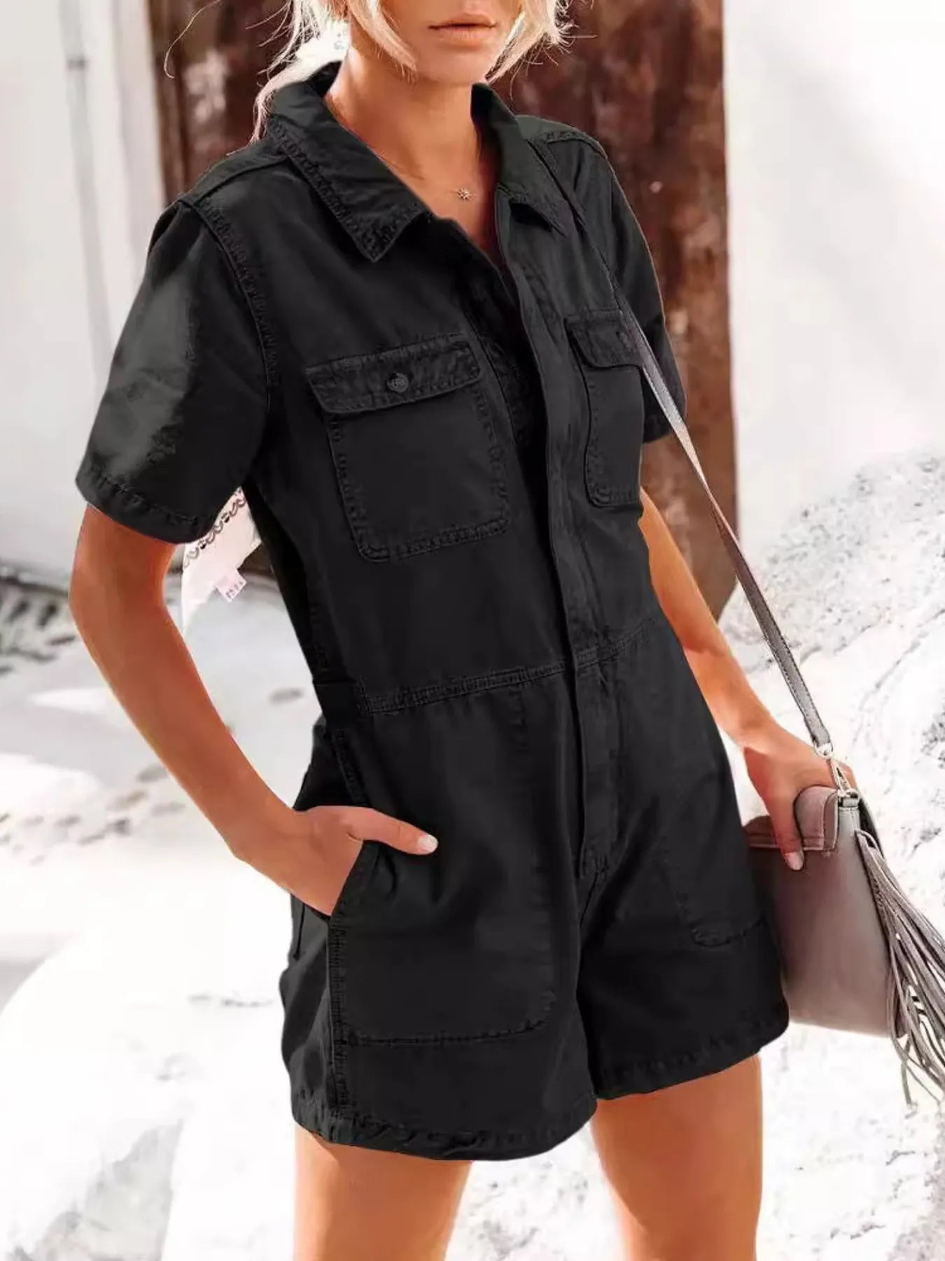 Allegra® | Casual Short Sleeve Denim Romper With Chest Pockets