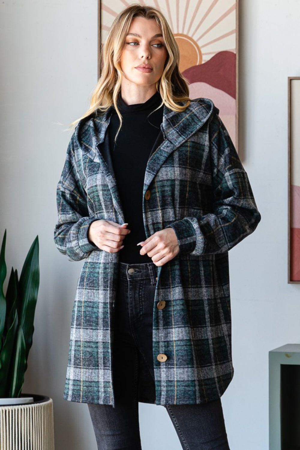 Loretta | Heimish checked button-down cardigan with hood and long sleeves