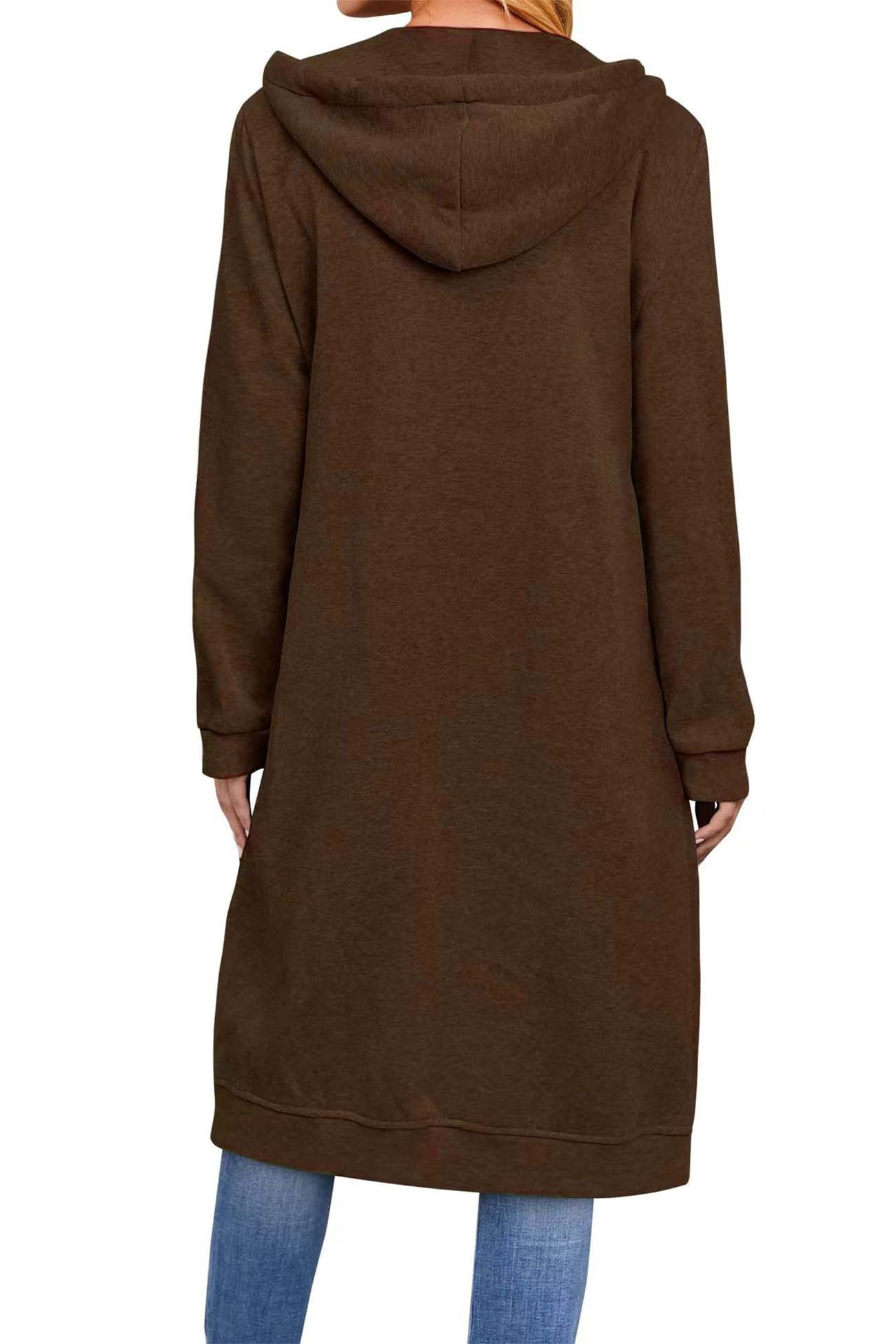 Jacqueline | Solid long cardigan with hood and drawstring and zip fastening