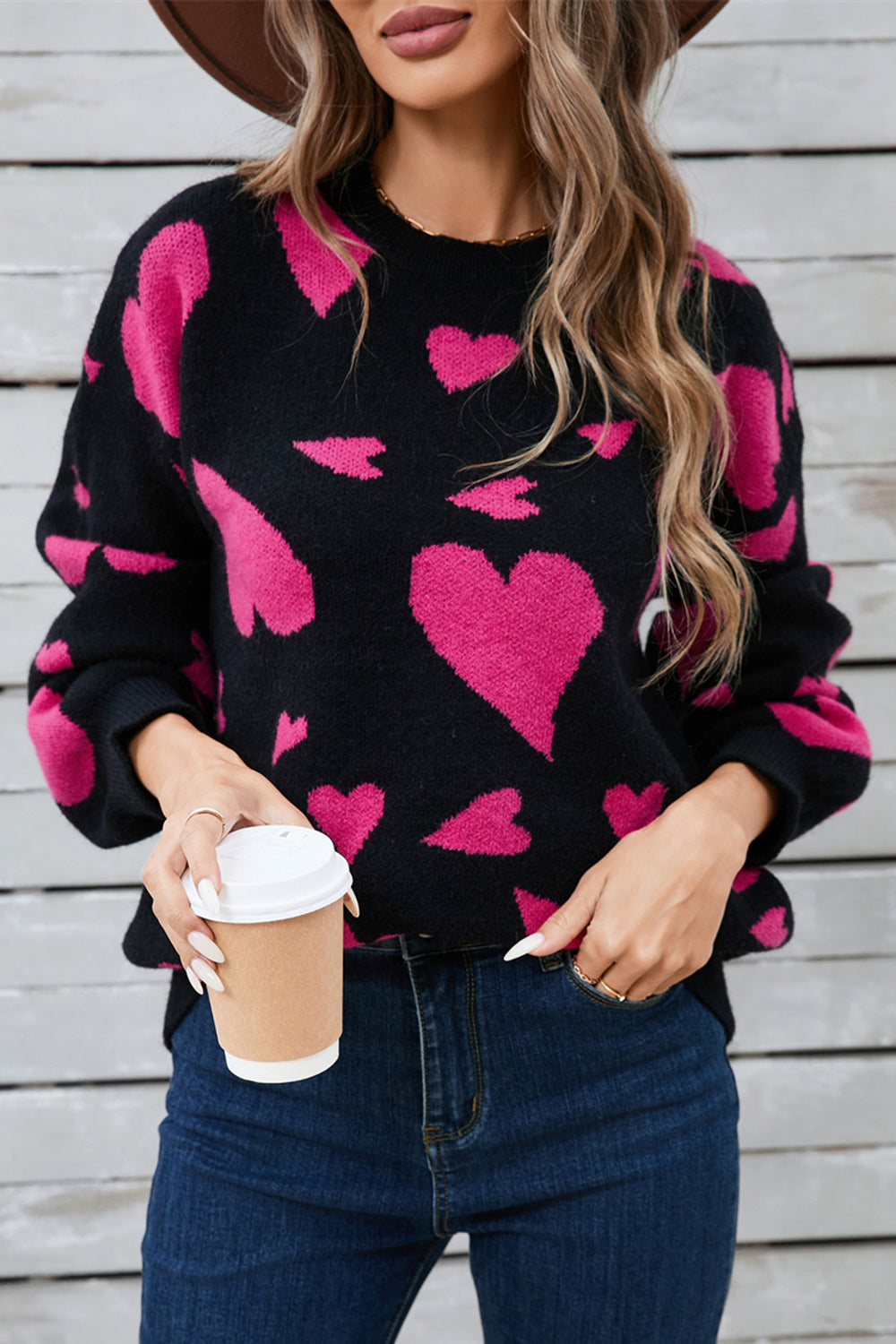 Alida | Heart contrast crew neck long sleeve sweater