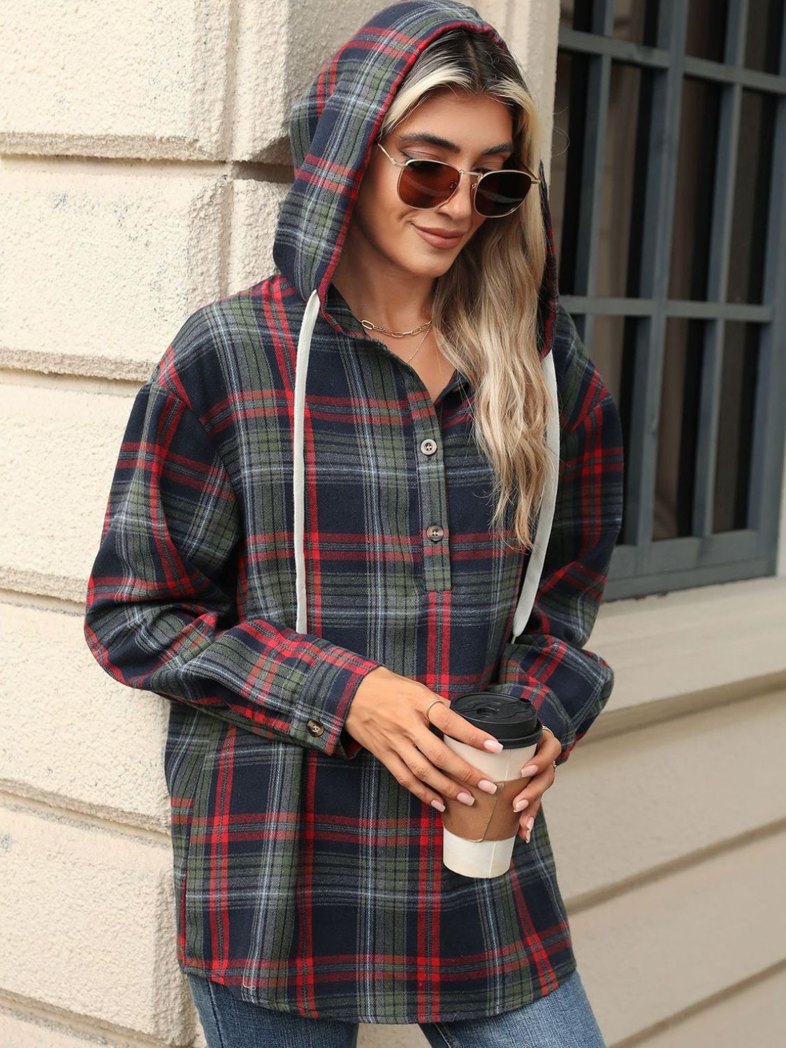Nathalie | Long sleeve top with drawstring and checked hood