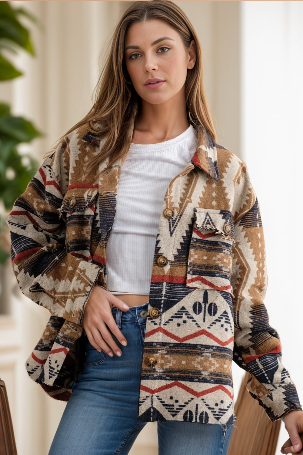 Lea | Geometric long sleeve button down jacket