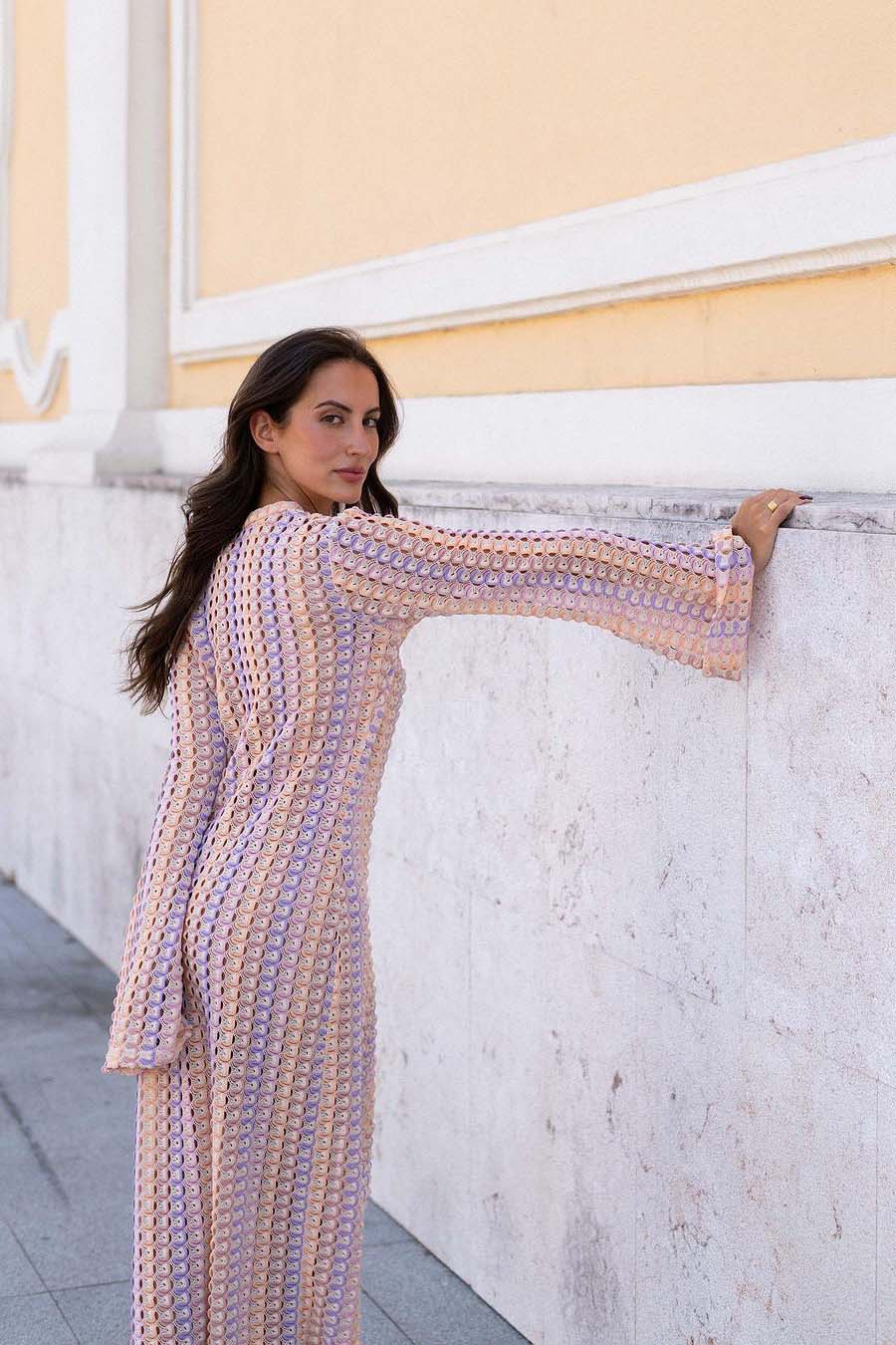 Pilar® | Boho V-Neck Bell Sleeve Maxi Dress, Wavy Striped Crochet Beach Holiday Maxi Dress