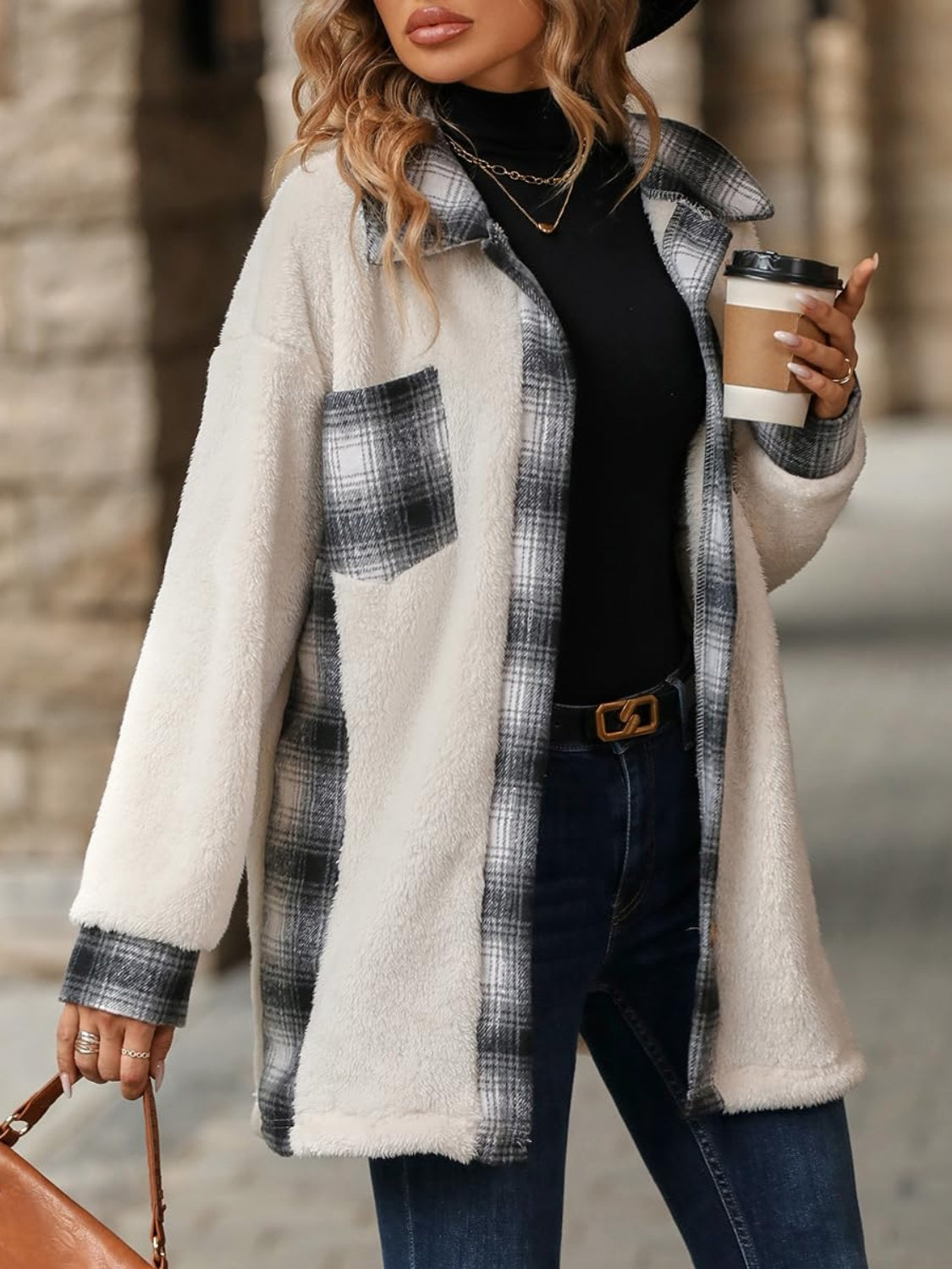 Marta | Checked buttoned fluffy outerwear with long sleeves