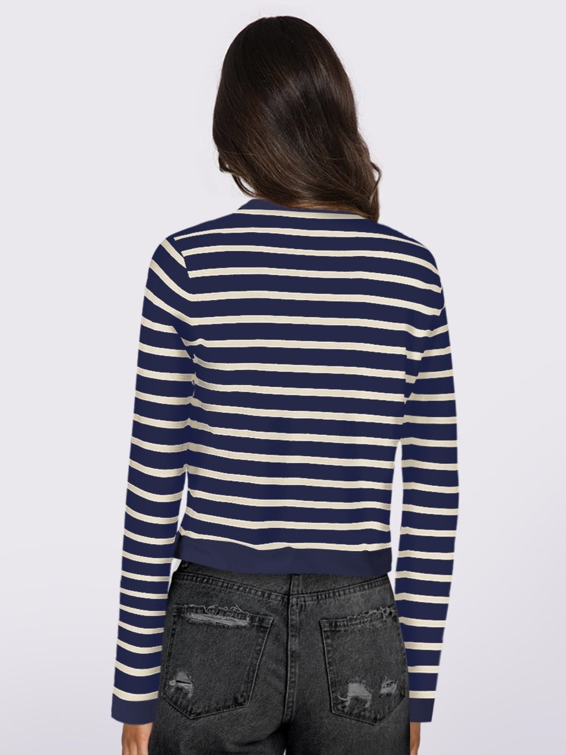 Gabriela | Striped, long-sleeved cardigan with button placket and crew neck