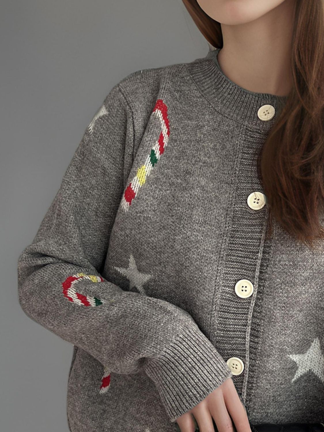 Justina | Candy Cane & Star button-front long-sleeved cardigan.