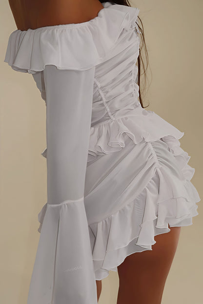 Stylish Off Shoulder Long Sleeve Ruffle Skirt Set