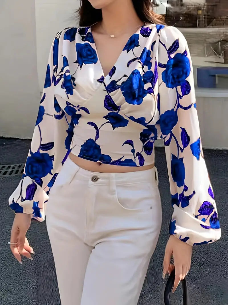 Keti® | Blouse With V-Neck And Bow On The Back With Pink Print