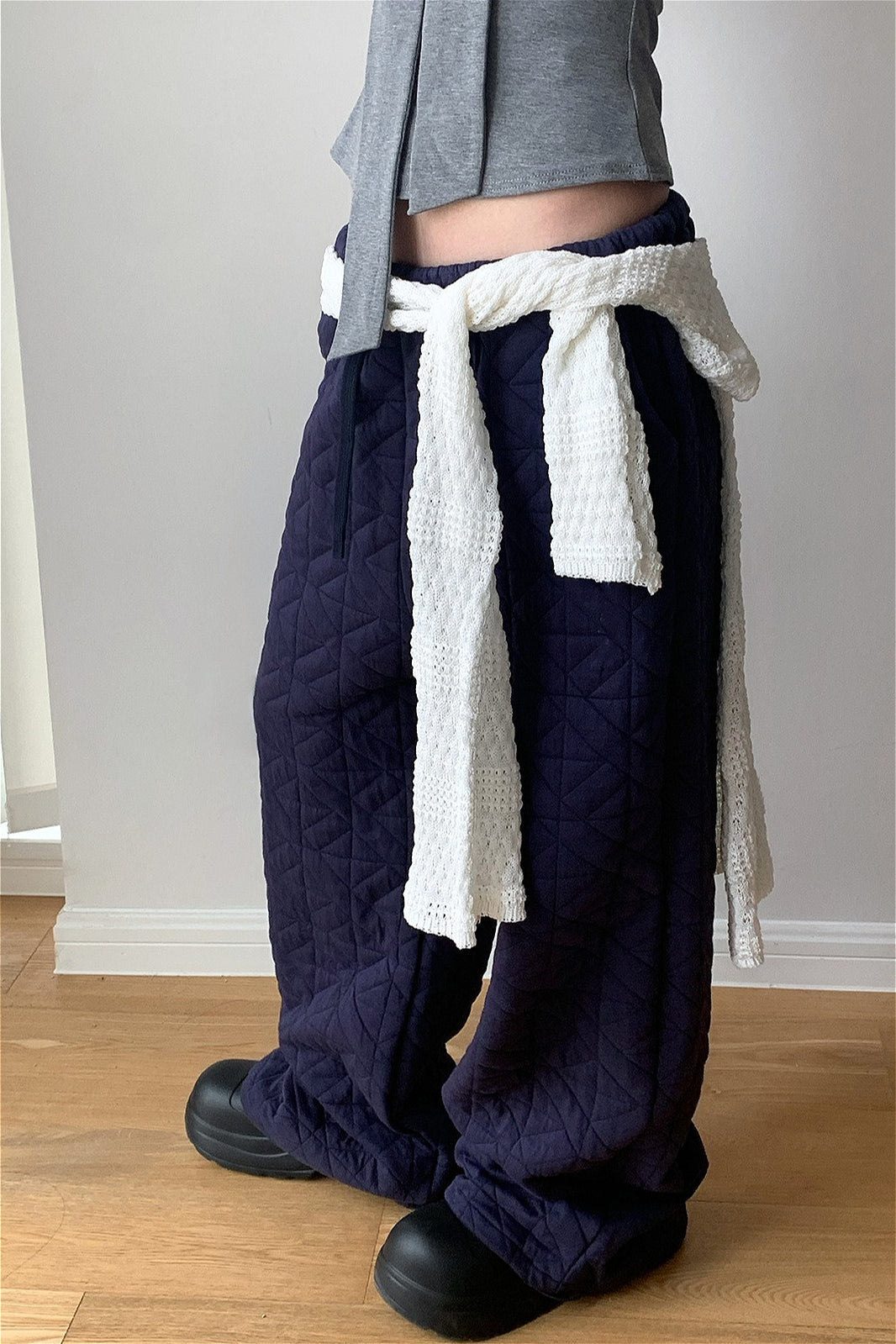 Solid Diamond Quilted Thickened Drawstring Thermal Pants