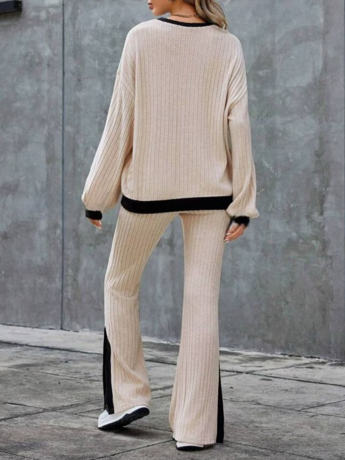 Wilma | Contrast crew neck long sleeve top and bootcut trousers set