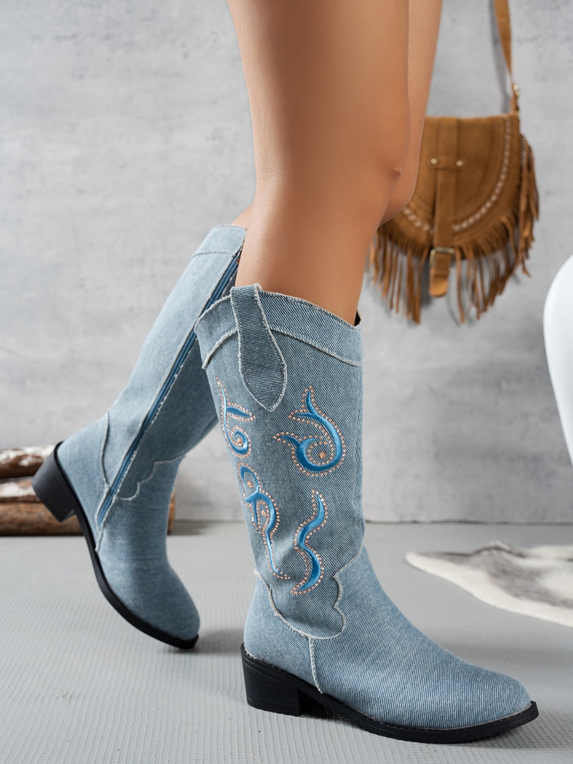 Elsa | Embroidered pointed toe boots with block heel