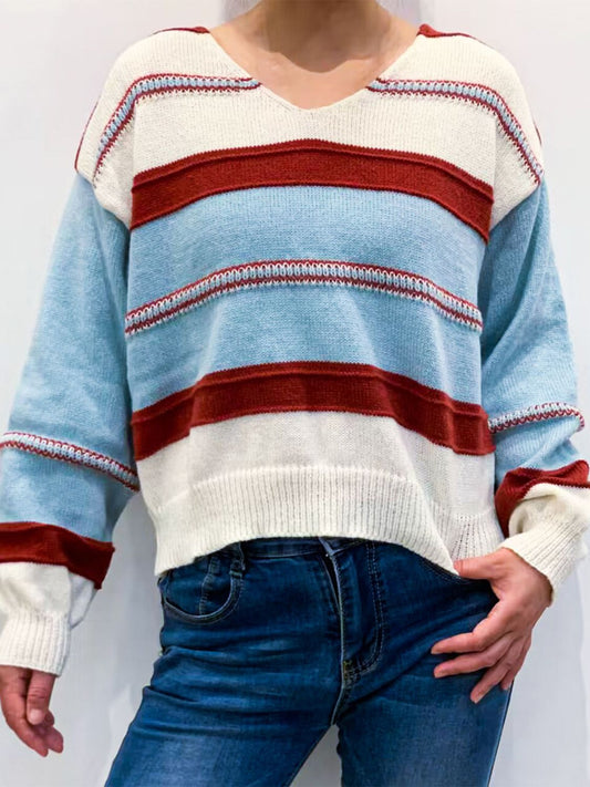 Vanessa | Contrasting colored V-neck sweater with dropped shoulders