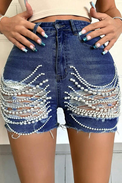 Beaded Chain Ripped High Waist Denim Shorts
