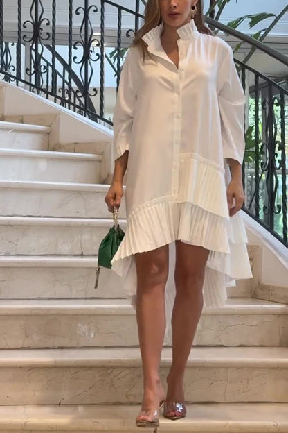 Solid Color Palace Style Loose Irregular Pleated Hem Mini Dress