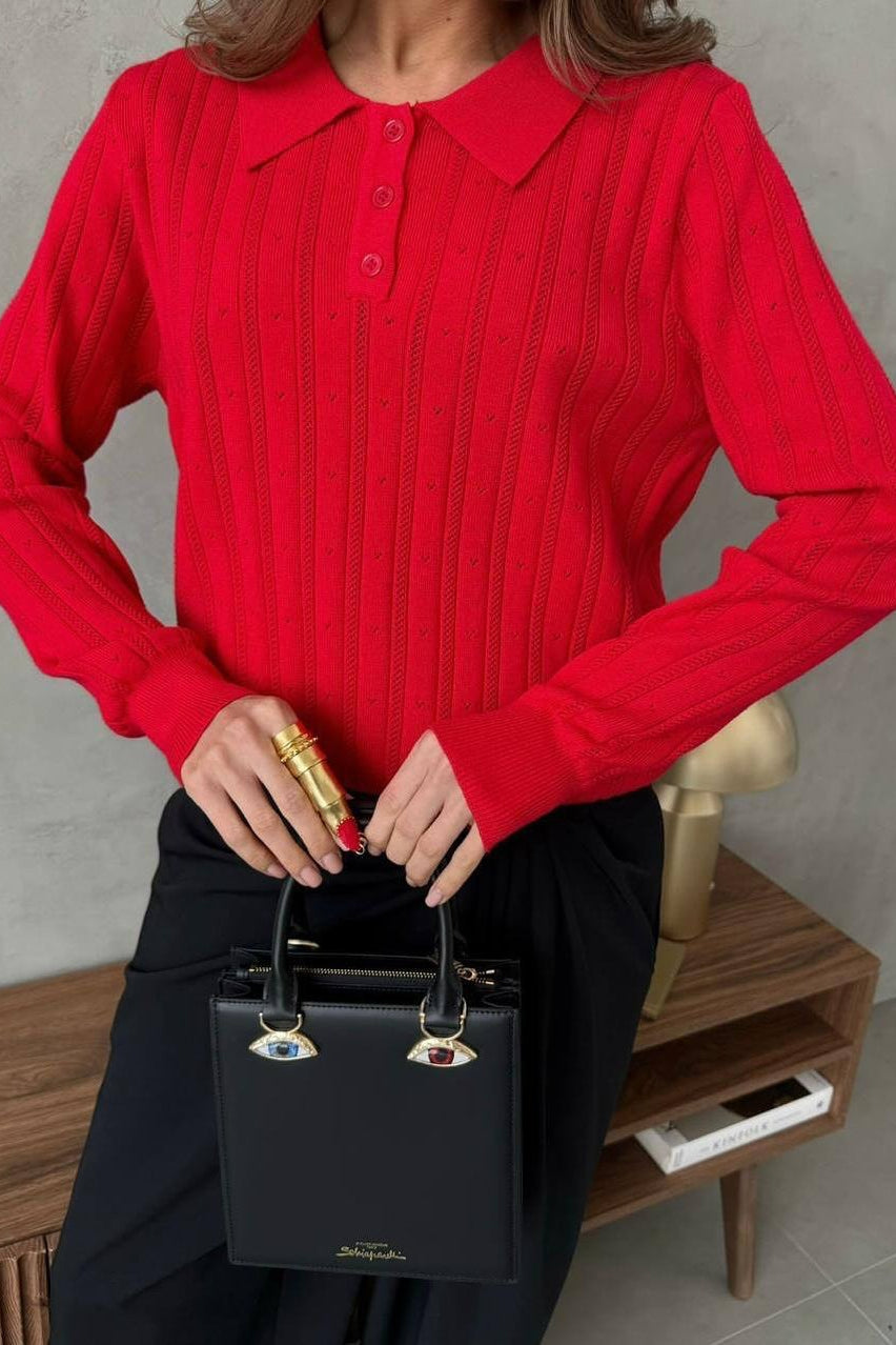 Jacquard Polo Collar Long Sleeve Loose Blouse
