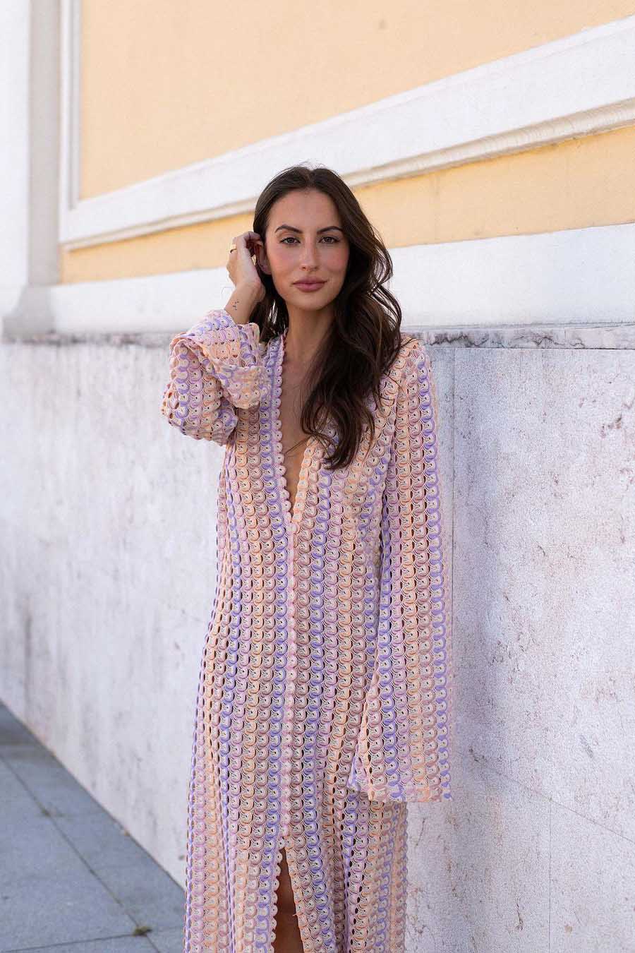 Pilar® | Boho V-Neck Bell Sleeve Maxi Dress, Wavy Striped Crochet Beach Holiday Maxi Dress