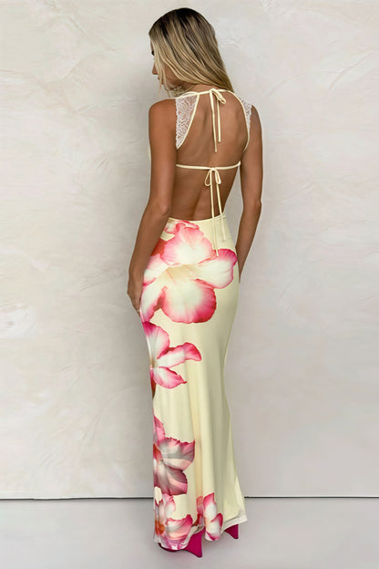 Floral Print Off Shoulder Lace Patchwork Cami Backless Maxi Dress