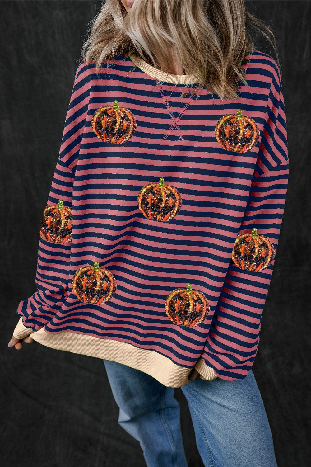 Felicidad | Pumpkin striped crew neck long sleeve sweatshirt
