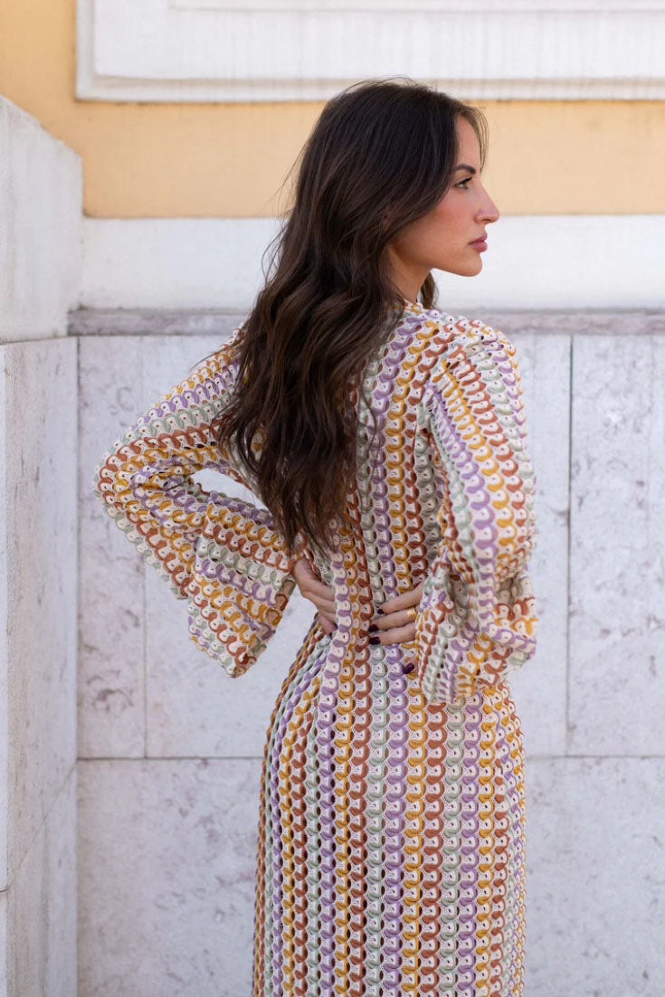 Pilar® | Boho V-Neck Bell Sleeve Maxi Dress, Wavy Striped Crochet Beach Holiday Maxi Dress