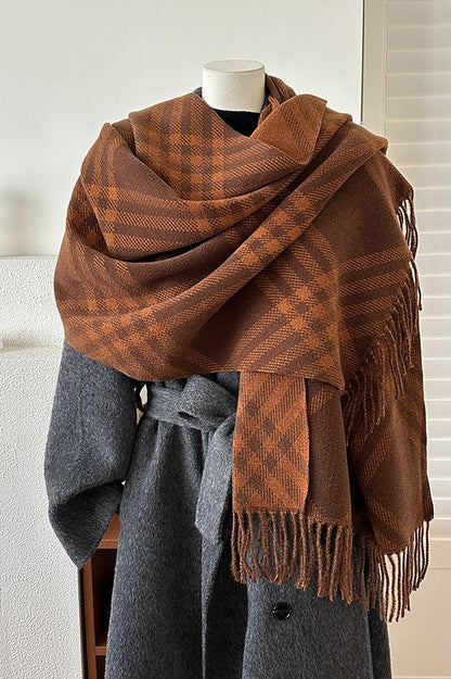 Double Faced Checkered Fringe Scarf