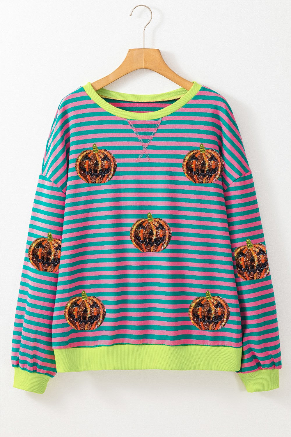 Felicidad | Pumpkin striped crew neck long sleeve sweatshirt