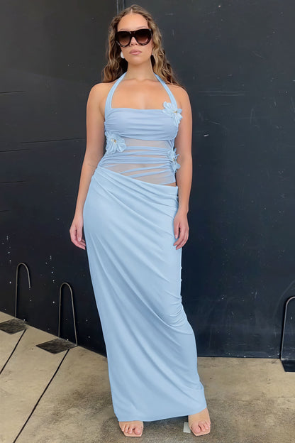 3D Floral Patchwork Halter Slim Cutout Waist Maxi Dress