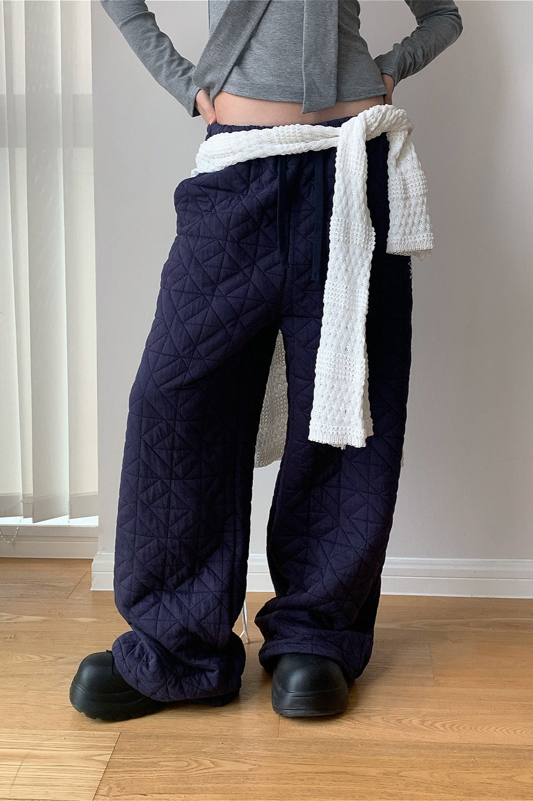 Solid Diamond Quilted Thickened Drawstring Thermal Pants