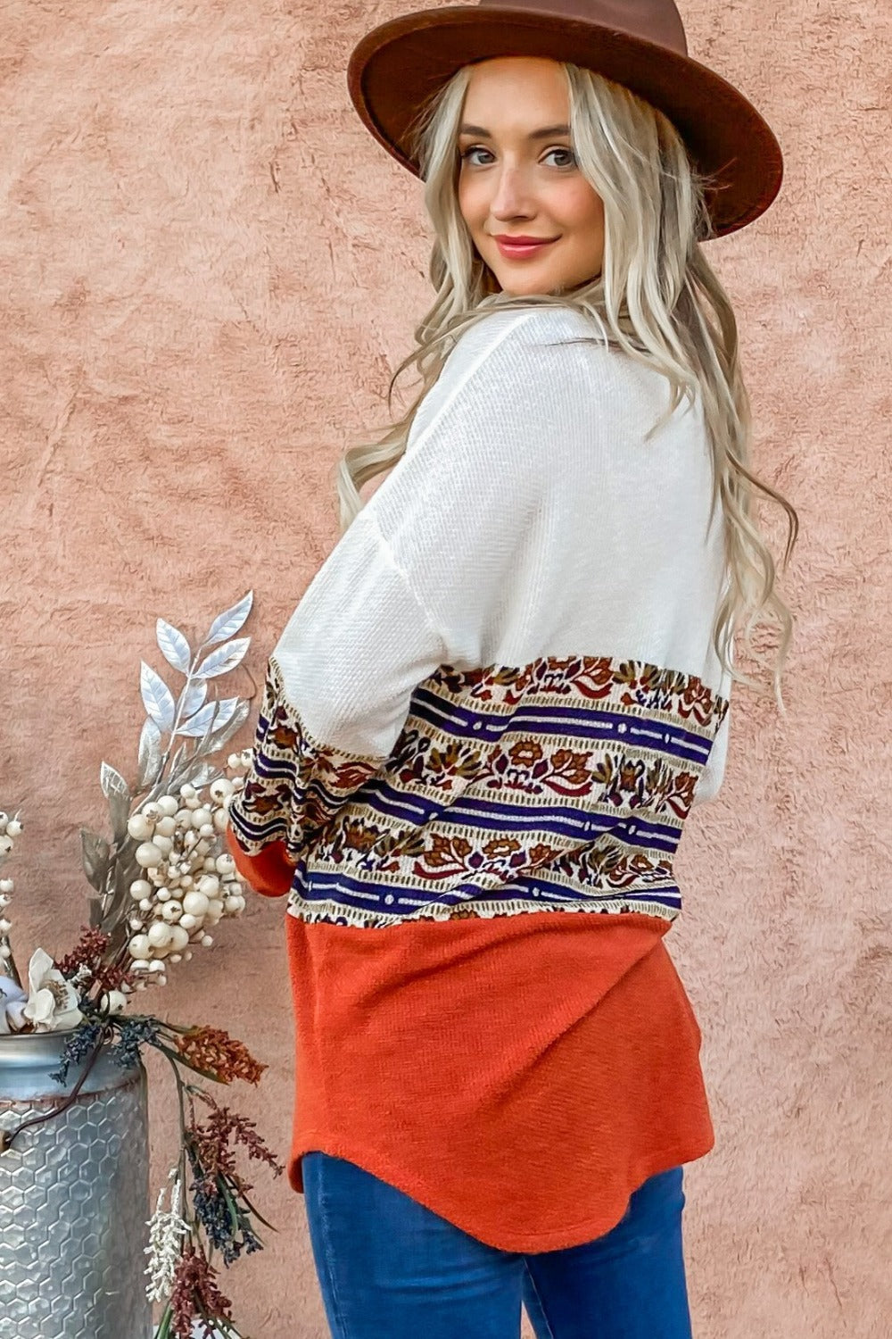 Amelia | And the “Why” top with ethnic print and color block design