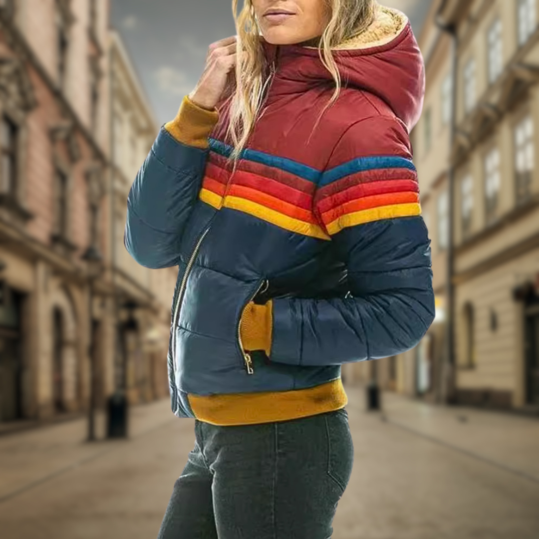 Luisa | Retro quilted jacket with bold color accents and stripes