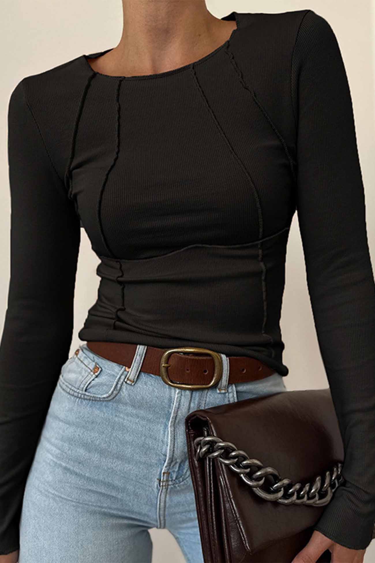 Lena | Solid color slim crew neck tops