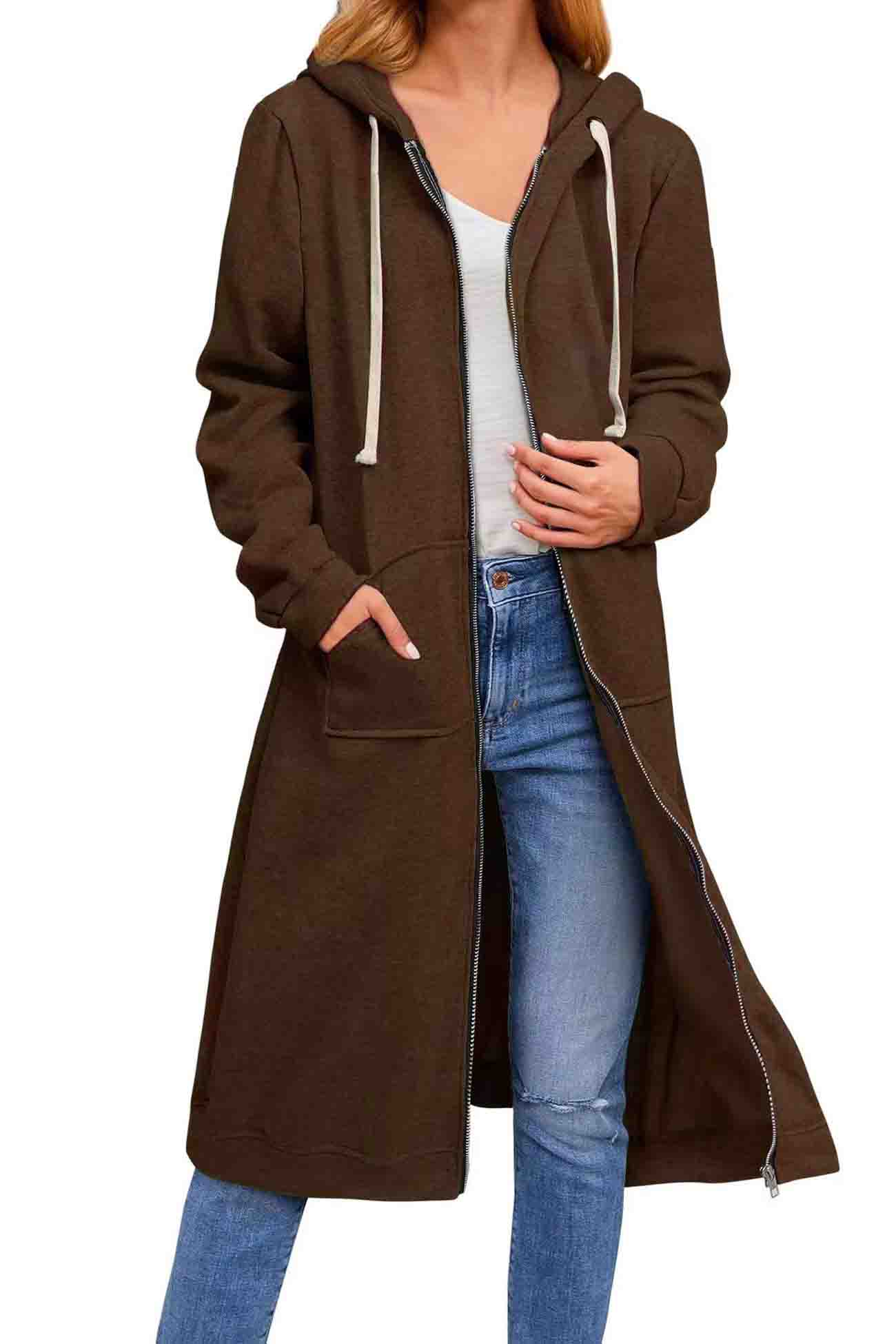 Jacqueline | Solid long cardigan with hood and drawstring and zip fastening