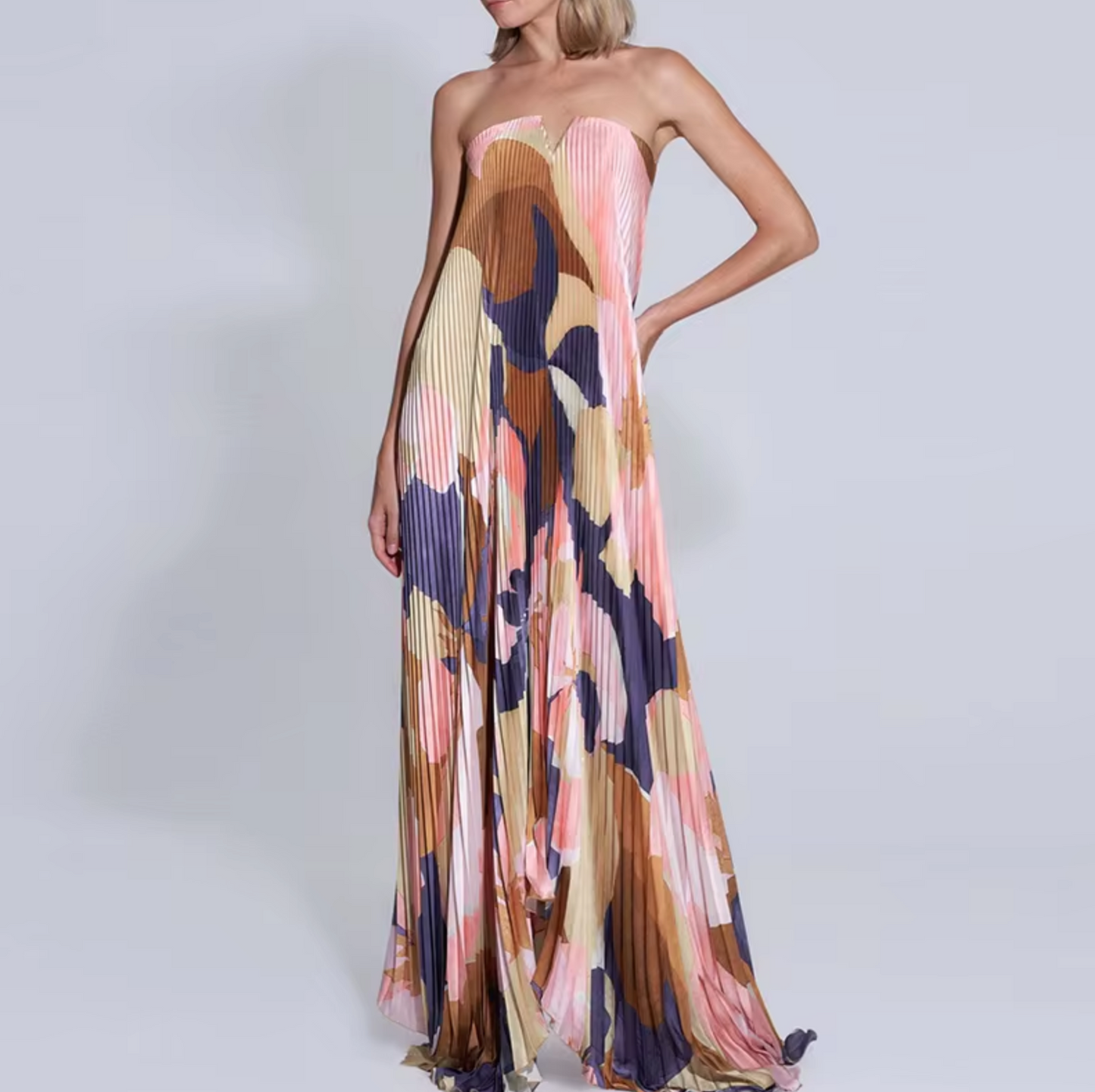 Silvana® | Floral Strapless Pleated Long Dress