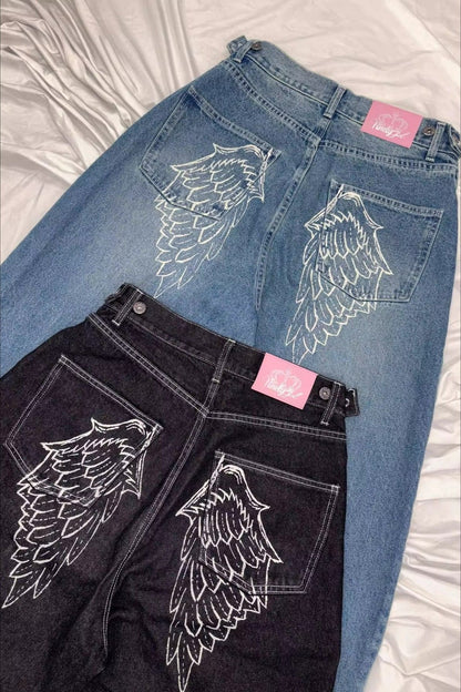 Angel Wing Embroidery Rhinestone Straight Jeans