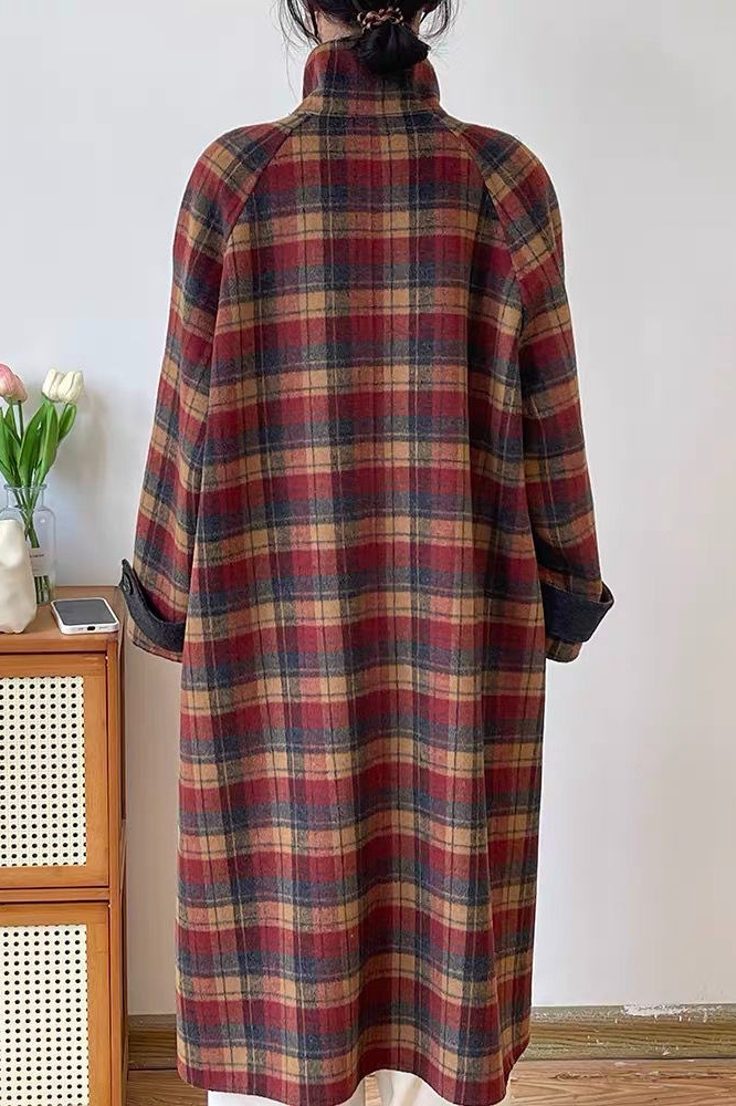 Plaid Wool Blend Stand Collar Mid-Length Overcoat